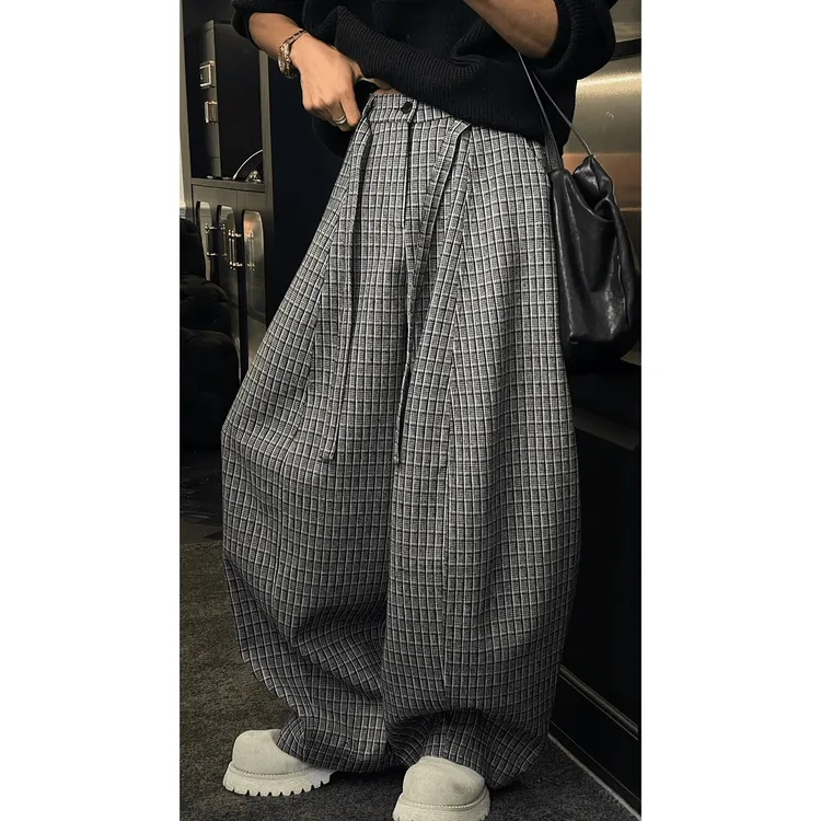 【龙叨刀专属】毛呢格子弯刀阔腿裤男冬加厚裤子宽松bf慵懒风休闲裤