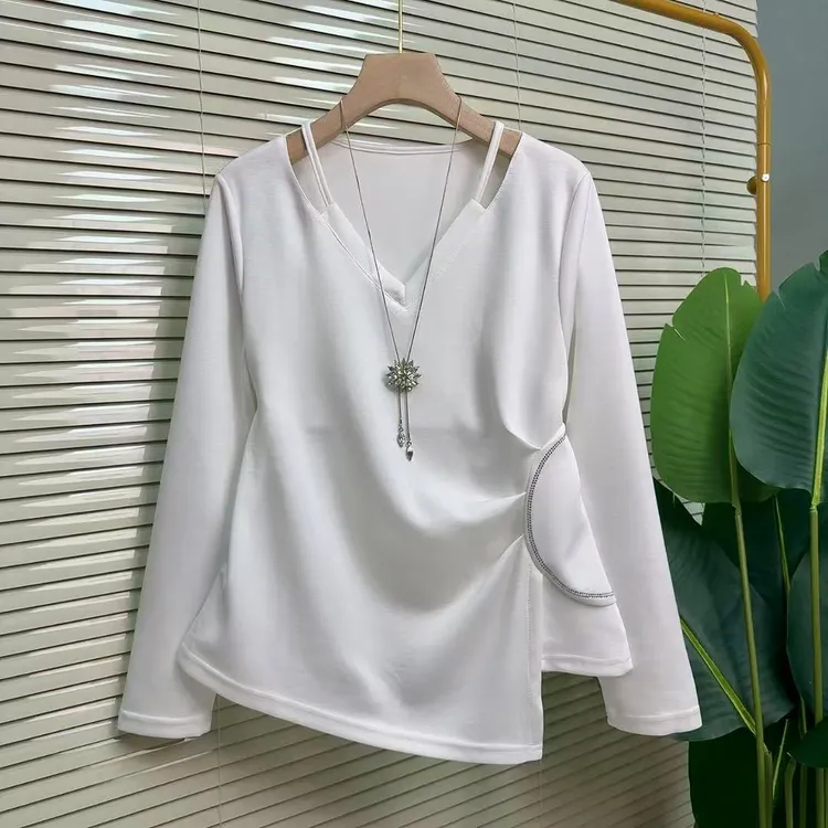 大码mm百搭不规则设计镂空T恤大码新款2025宽松时尚长袖秋冬上衣