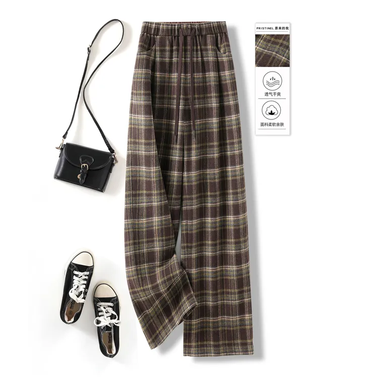 羊毛秋冬《卡布奇诺》对格百搭格子松紧腰透气阔腿裤高腰休闲裤显瘦