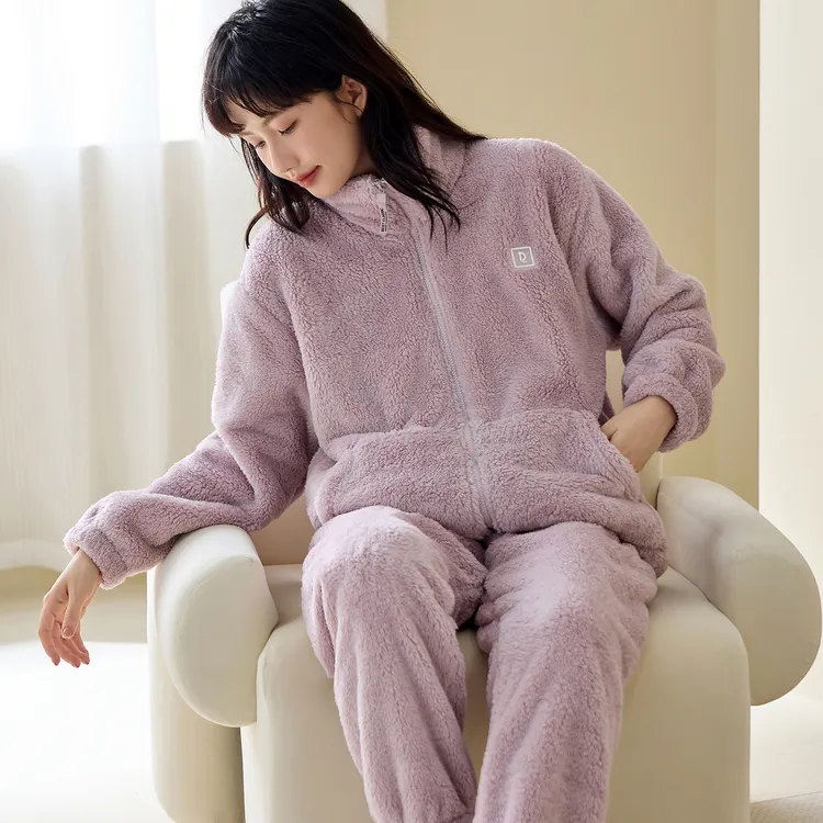 2025新款冬季珊瑚绒睡衣女加厚秋冬法兰绒女款拉链立领外穿家居服