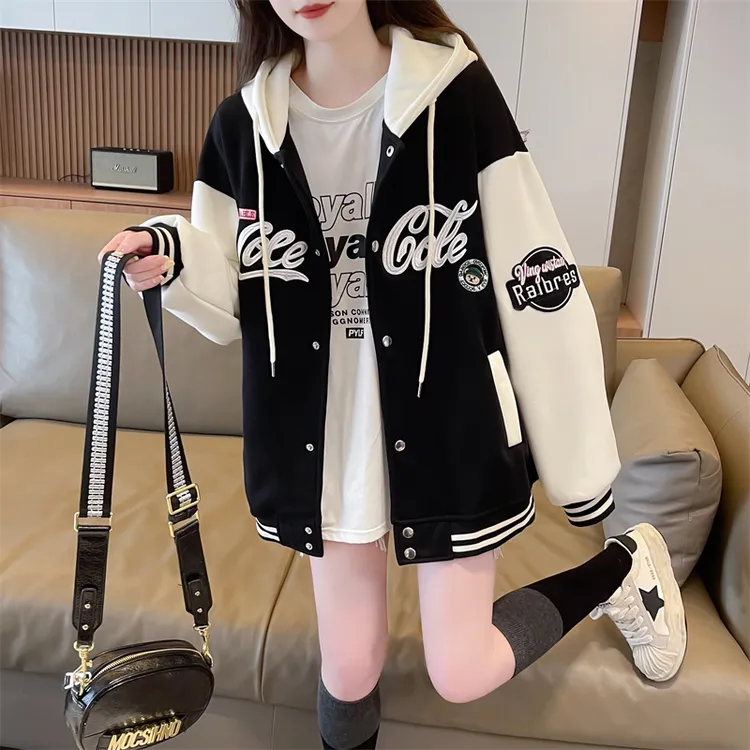 撞色刺绣棒球服外套少女秋冬季美式复古初中高中学生休闲开衫卫衣