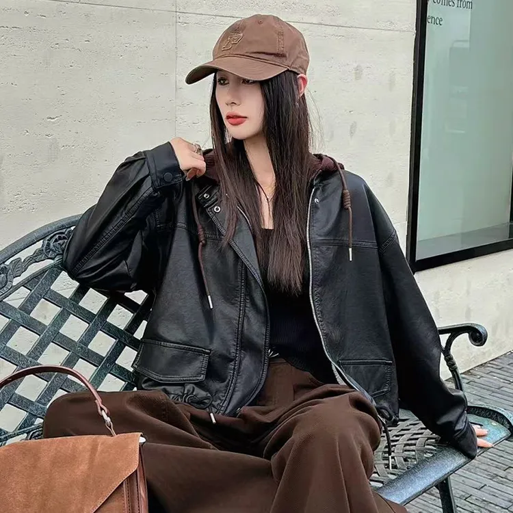 可脱卸帽韩版加绒黑色皮衣外套女秋冬季百搭韩版时尚宽松皮夹克潮