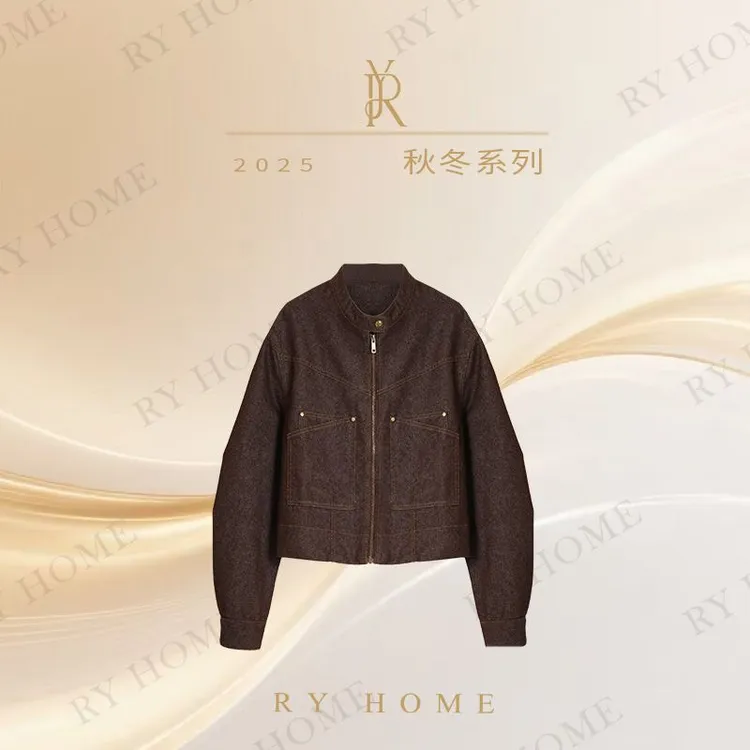【容雨RYHOME】复古立领手工重工磨砂绒印花短款牛仔外套253W2481