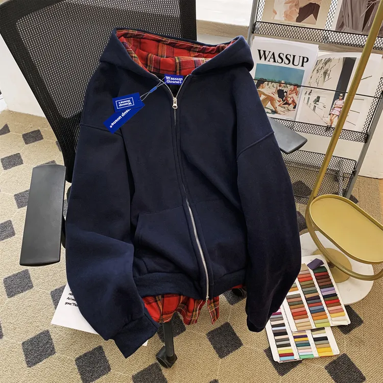 早春秋美式情侣假两件拼接格子连帽卫衣男女款宽松开衫薄外套上衣