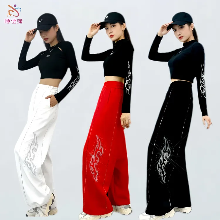 升级版空气层【火焰/闪钻】双面棉秋冬新款加厚时尚广场舞宽松直筒长裤K911
