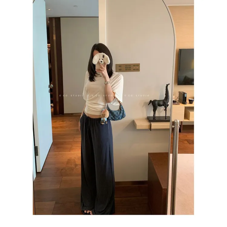 2025显瘦T恤女夏简约时尚百搭短袖圆领中袖抽褶薄款韩版新中式女