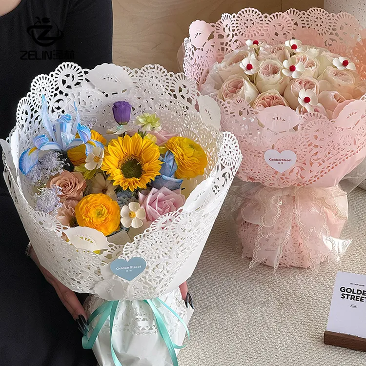 泽林海盐芝士镂空复古蕾丝包花纸花纹一束鲜花花束diy包装纸