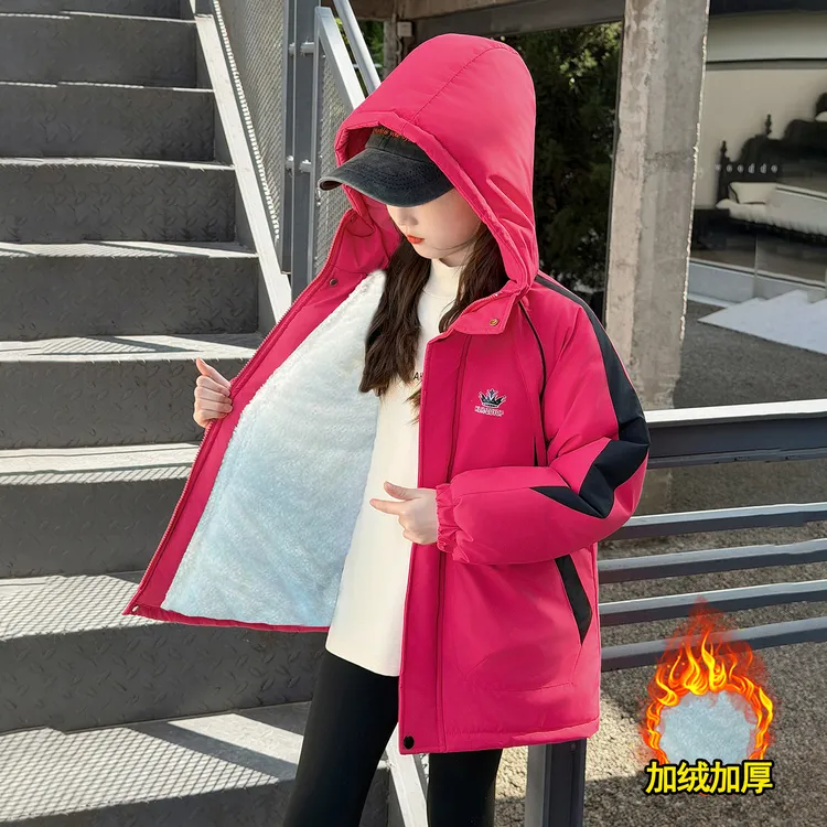 女童冬装加绒派克服中大童新款加厚防寒保暖外套中长款连帽上衣潮