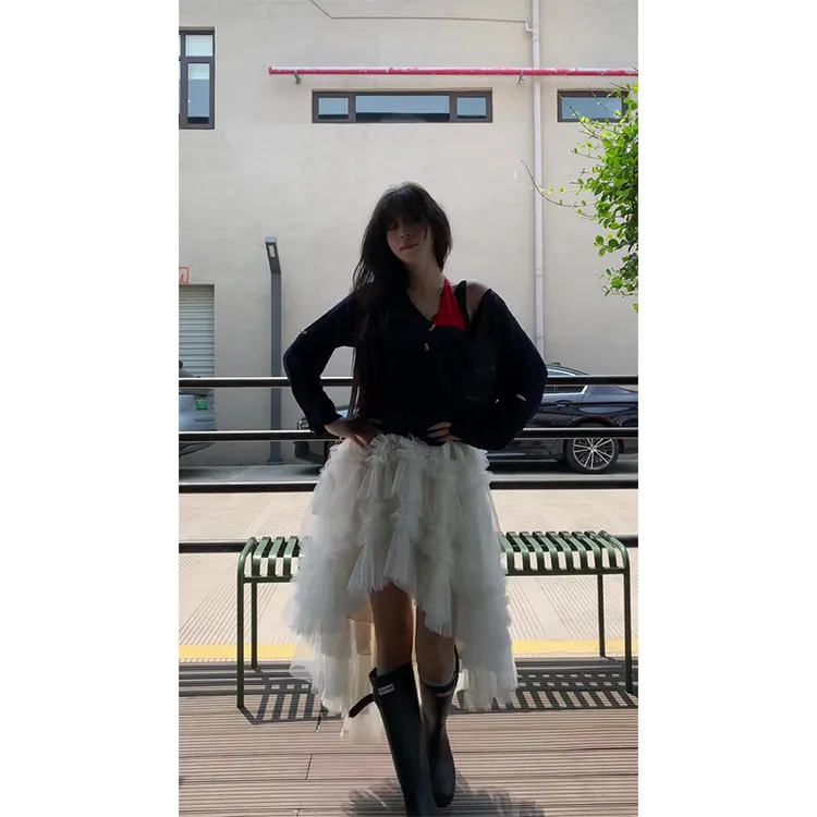 MARIE.COCO美式辣妹假两件拼接露肩上衣女秋季不规则网纱蓬蓬裙子