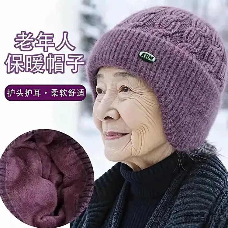 中老年人帽子女冬季妈妈毛线加绒厚保暖帽奶奶护耳针织睡帽睡觉戴