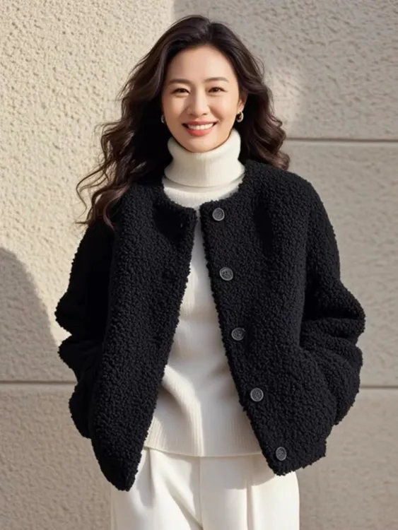 羊羔毛绒短款外套女春秋冬季新款时尚保暖休闲黑色颗粒绒毛呢上衣