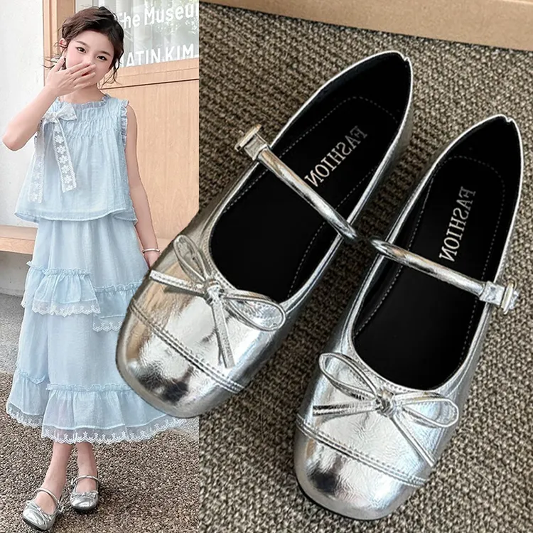 女童银色小皮鞋中大童公主鞋子2025春夏初中生小女孩软底儿童单鞋