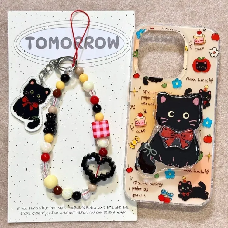 可爱苹果小黑猫地适用16Promax手机壳15保护套14小众13大孔12防摔