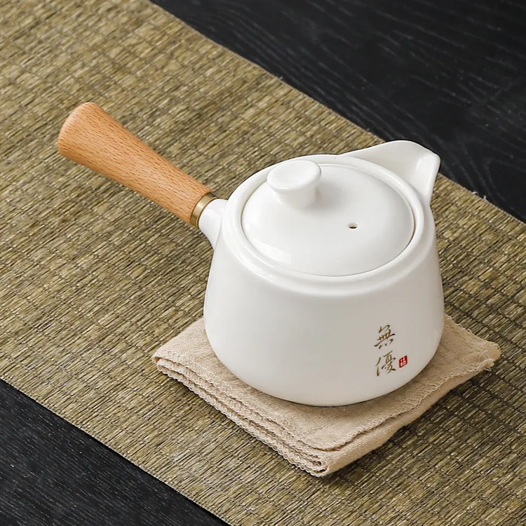 榜上热销羊脂玉侧把壶手工白瓷简约防烫木柄侧边泡茶壶简约时尚