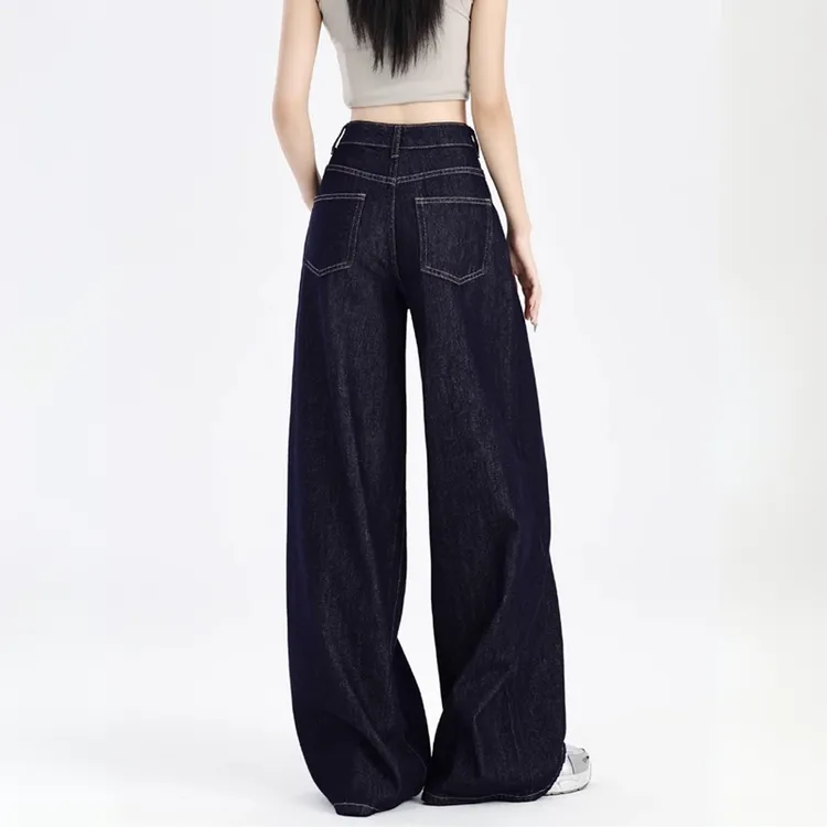 美式深蓝色女薄款新款小个子裤子直筒裤宽松拖地阔腿裤高腰阔腿裤
