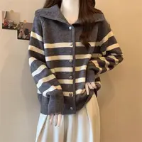 学院风翻领条纹针织开衫外套女秋冬大码胖MM显瘦宽松遮肚百搭上衣