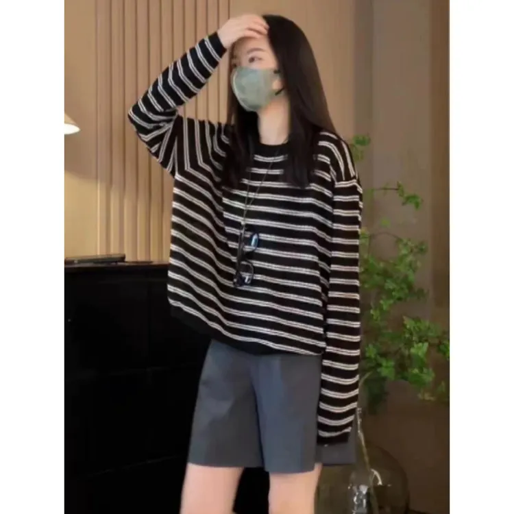上衣针织衫宽松条纹圆领长袖秋季早秋网红时尚休闲百搭慵懒风韩版