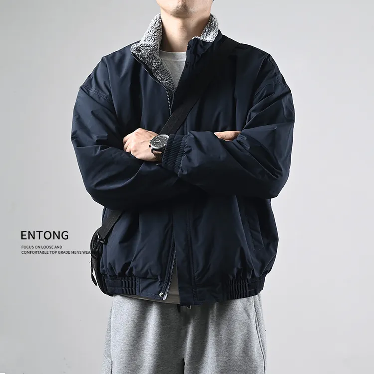 Entong日系立领Clean羊羔毛棉服男加厚复古夹克加绒保暖棉服外套