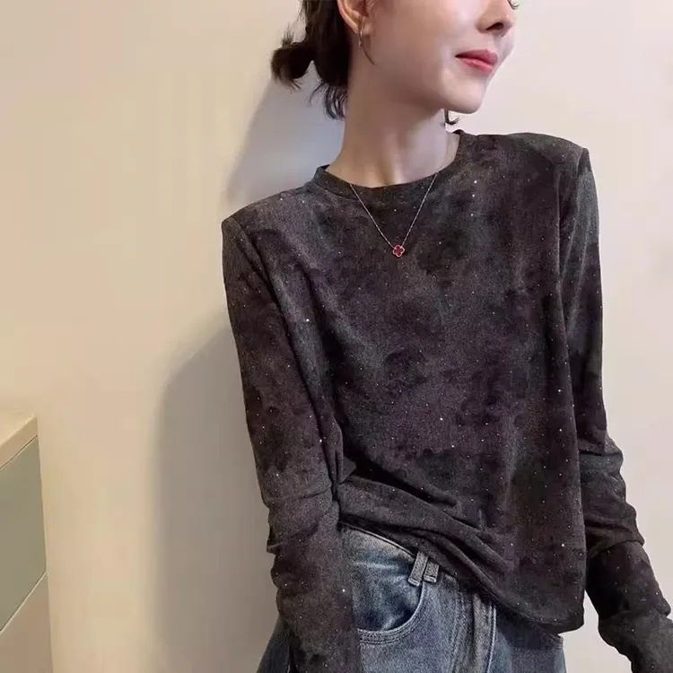 圆领长袖T恤女2025秋季新款韩版时尚烫钻洋气百搭显瘦打底衫上衣