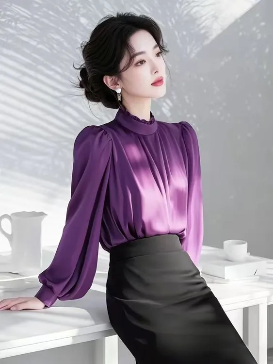 SS812春款轻奢高级感女人味超好看独特漂亮紫色衬衫半身裙套装