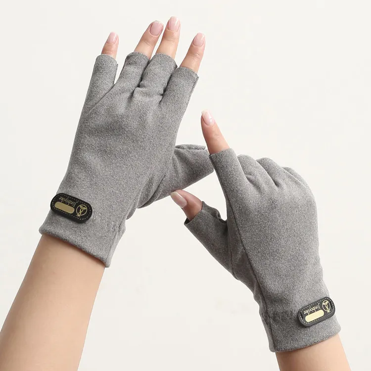 德绒半指手套男女秋冬季保暖露指学生写字办公开车防寒护腕加厚