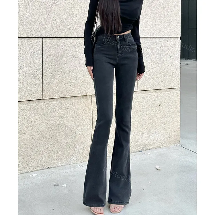 烟灰色高腰微喇牛仔裤女2025秋季新款弹力修身提臀显瘦喇叭长裤