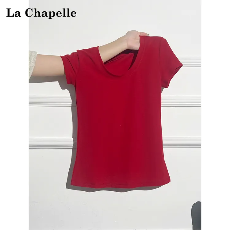 拉夏贝尔复古红色纯欲辣妹百搭U领正肩短袖t恤女夏季修身显瘦上衣