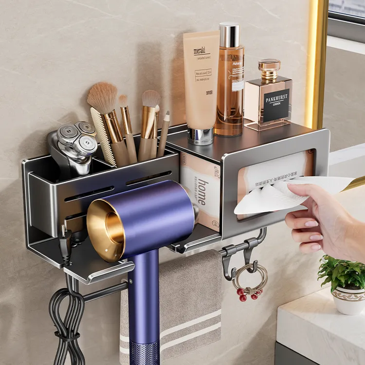 【太空铝】吹风机置物架免打孔卫生间壁挂电吹风筒支架浴室收纳挂架