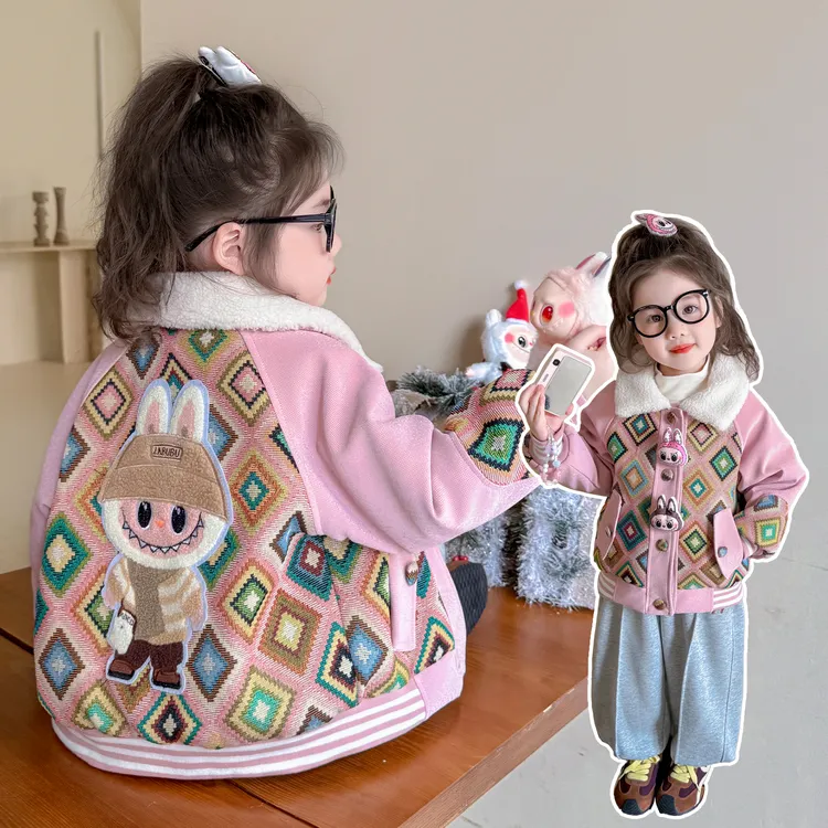 女童夹棉外套2025秋冬款儿童韩版卡通上衣宝宝休闲百搭开衫毛茸茸