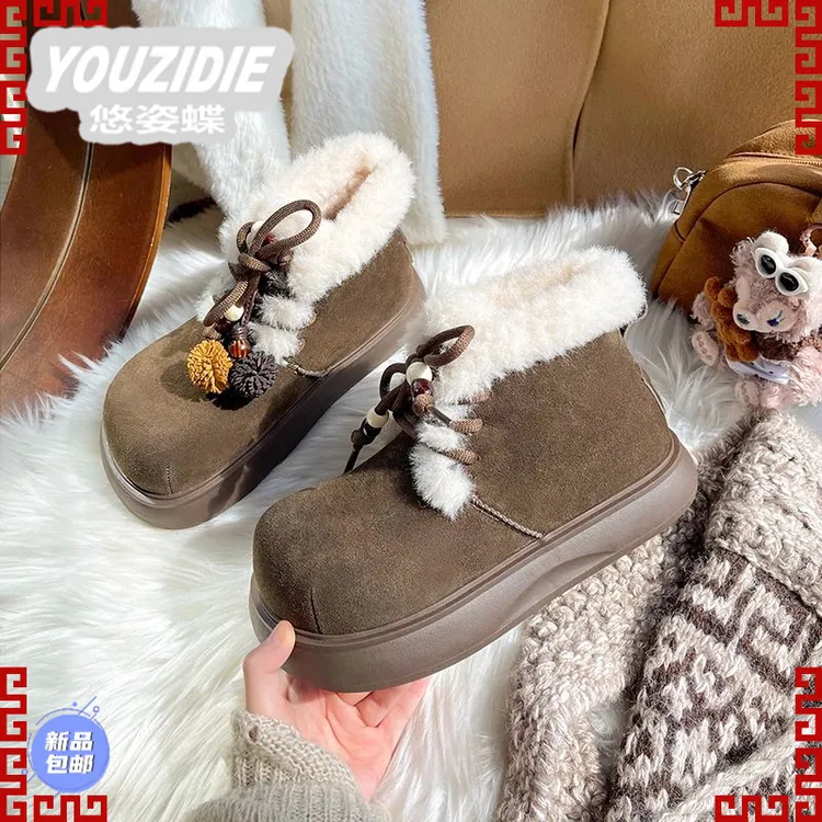 YOUZIDIE牛皮版~翻毛低帮厚底系带雪地靴女2025冬季毛毛大头短筒