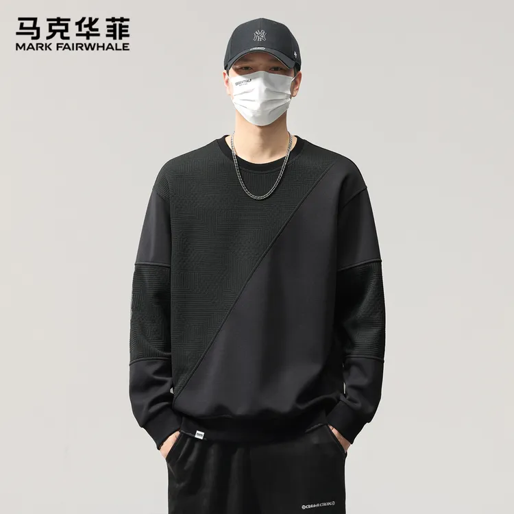 马克华菲春秋季时尚拼接美式圆领卫衣男士宽松休闲落肩长袖上衣