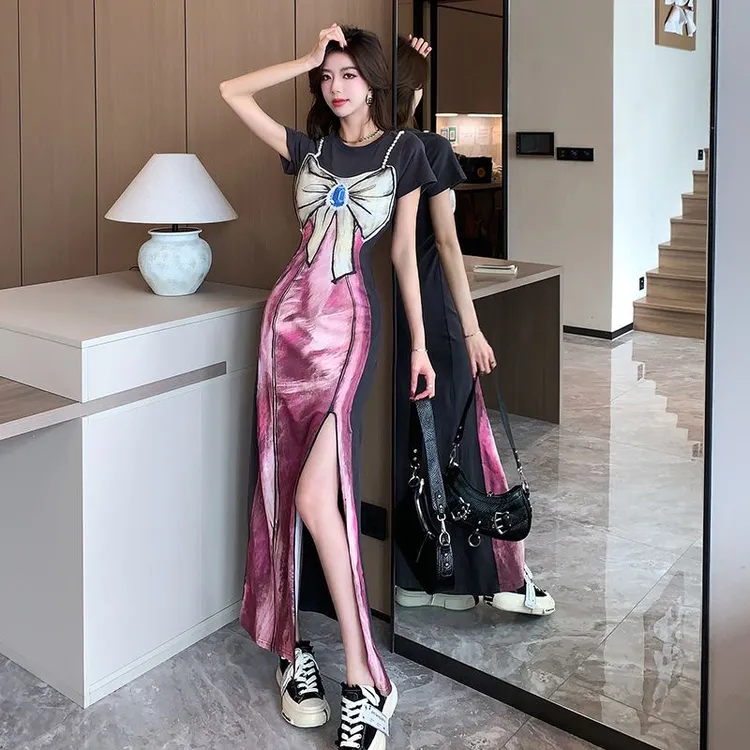 霓虹甜心蝴蝶结长裙设计显瘦气质连衣裙2025新款印花开叉裙子