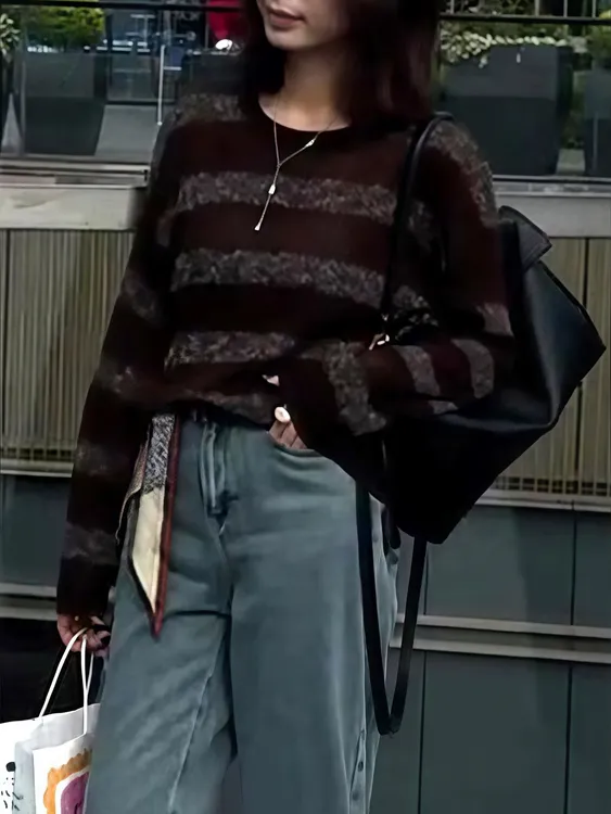 法式时尚高级感条纹圆领长袖针织衫女秋季设计感宽松显瘦针织毛衣