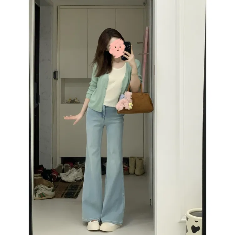 假两件撞色V领针织开衫女韩系小众修身显瘦百搭上衣+牛仔长裤秋季