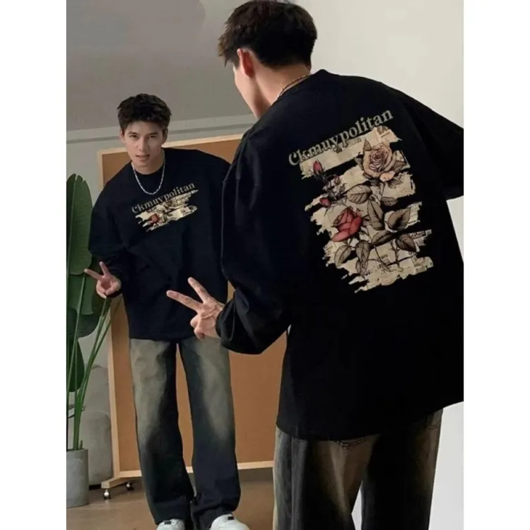 280g重磅纯棉长袖T恤男美式复古黑色玫瑰加绒卫衣潮牌宽松内搭ins