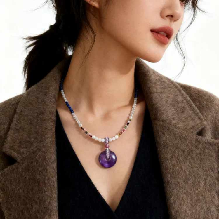 天然紫水晶平安扣约20mm精美百搭秋冬时尚上新款可调节长短项链