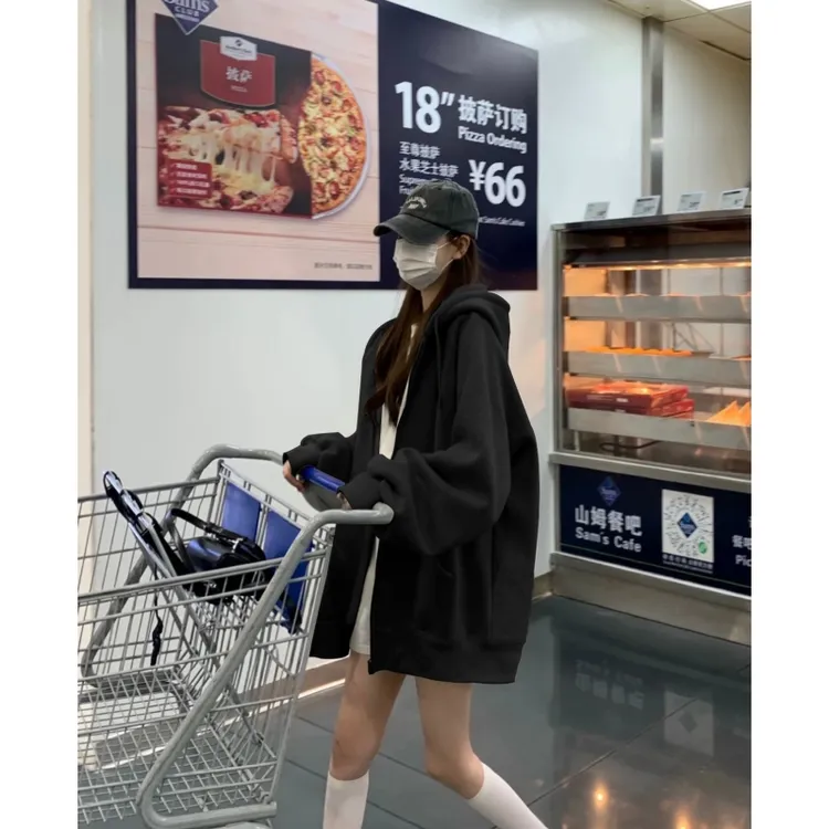 180高个子175加长黑色宽松长袖盖臀卫衣女春秋休闲中长款连帽外套