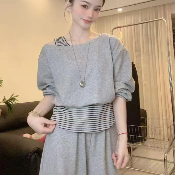 超火韩系高级感慵懒灰色斜肩卫衣套装女春秋季减龄洋气休闲两件套