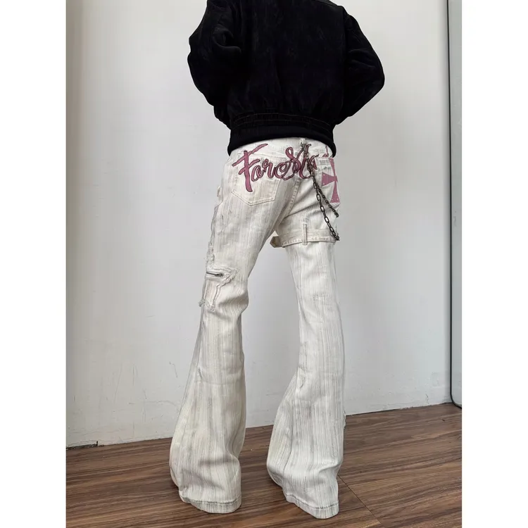 美式复古刺绣绑带微喇牛仔裤直筒裤子加厚秋冬款裤子微喇裤5889