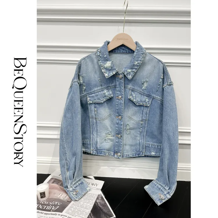 余潇潇【加州繁星】2025春装新款设计感重工手缝钻饰短款牛仔外套