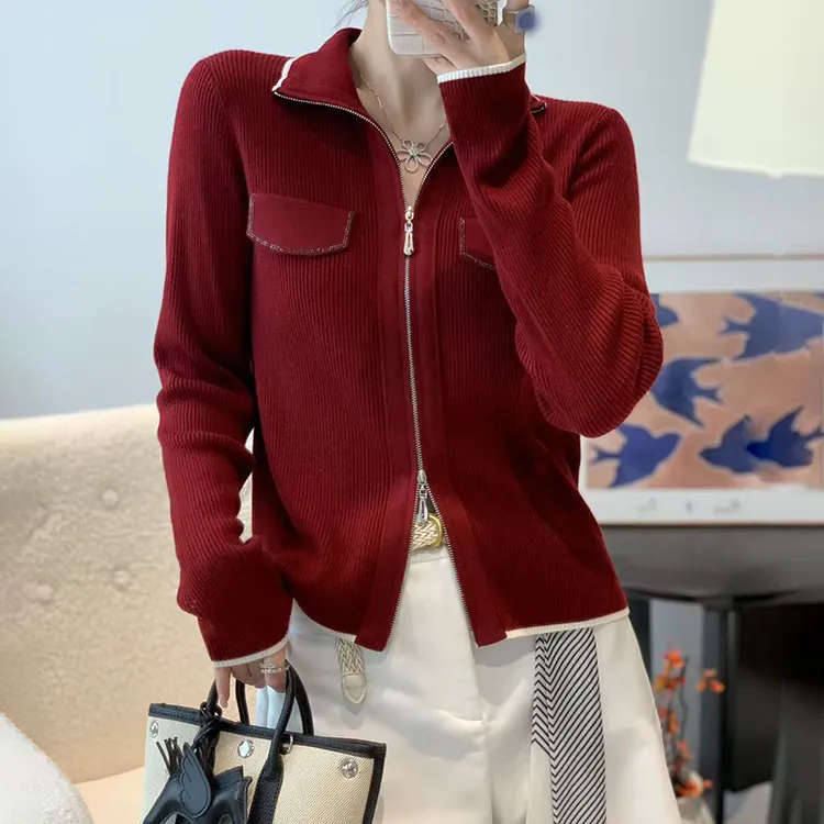 双拉链立领针织开衫休闲翻领纯色毛衣外套女266-9100