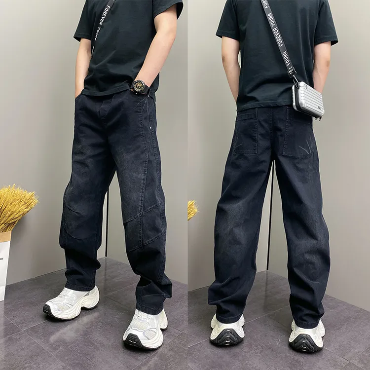 美式复古水洗黑色弯刀牛仔长裤男2025秋季宽松百搭立体裁剪阔腿裤