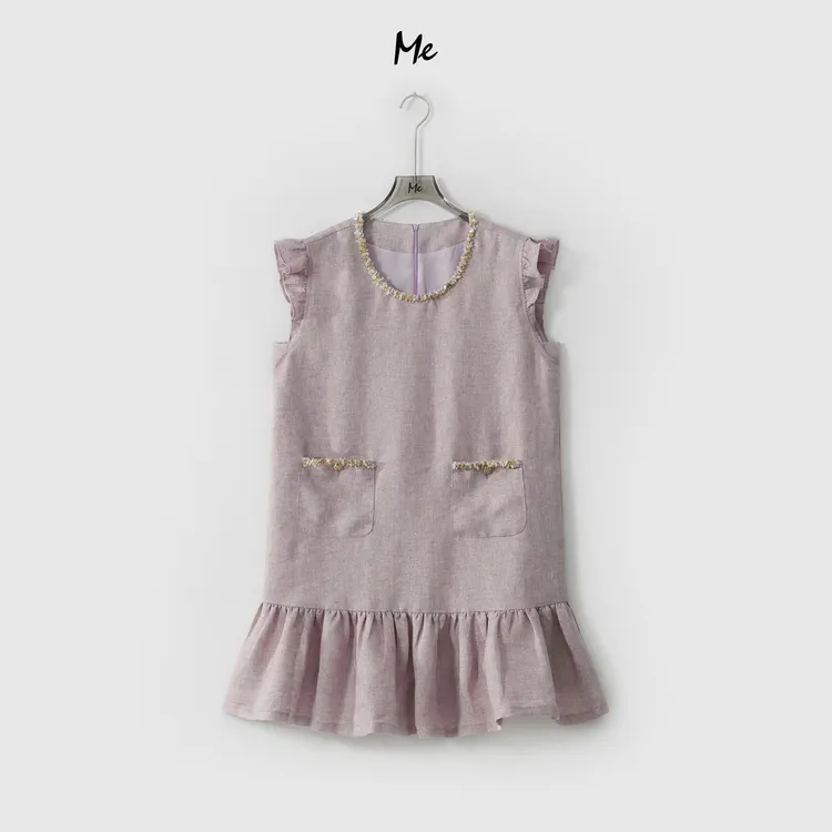 ME【萝兰细闪小香裙】亚麻混纺手缝钉珠织带显瘦时尚连衣裙MESS6565