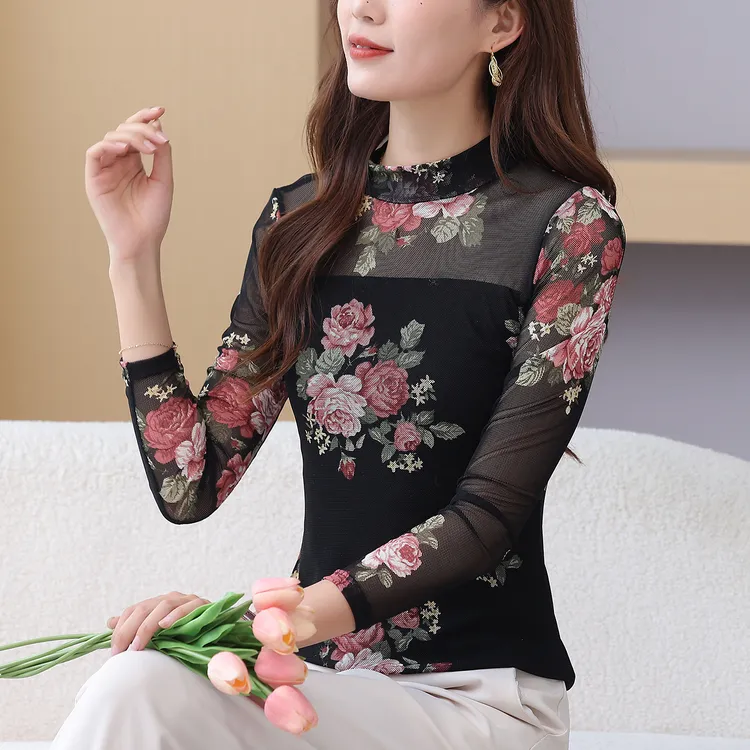 2025新款印花长袖打底衫蕾丝秋冬女士修身上衣半高领网纱打底衫