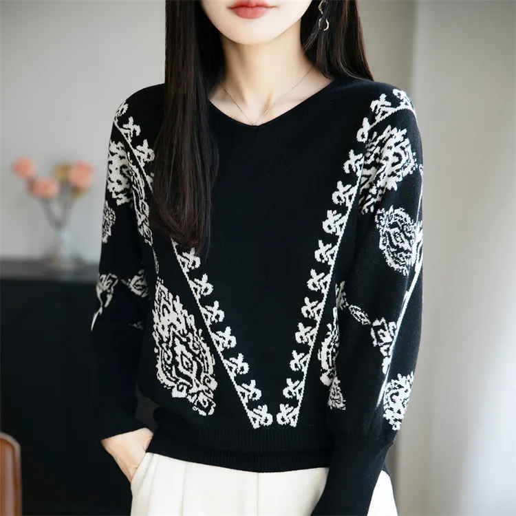 哥弟阿玛施正品新款提花毛针织衫秋季黑白提花针织衫宽松女装时尚