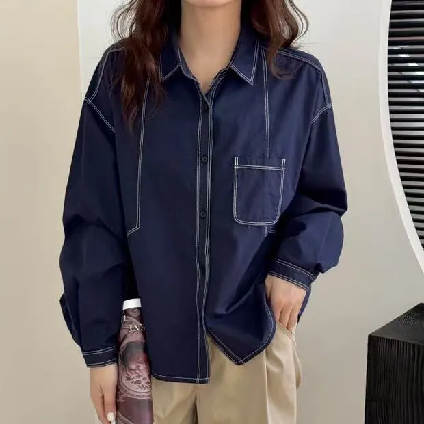 花汐 2025春季新款纯棉宽松显瘦气质设计感精美明线长袖休闲衬衫
