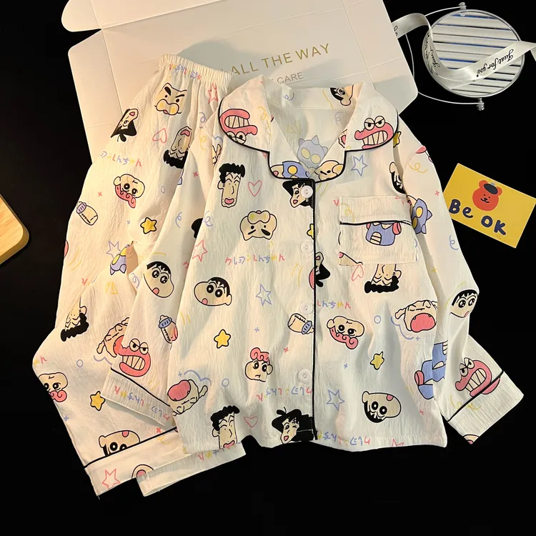 蜡笔小新女童睡衣长袖春秋季云朵棉可爱卡通中大童女孩家居服套装