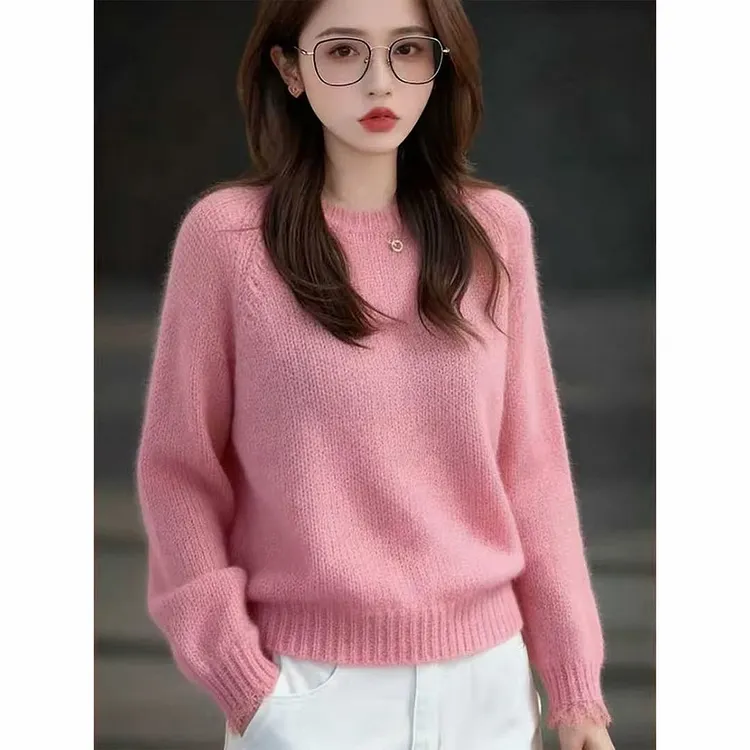 粉色蕾丝拼接设计感毛衣女秋冬2025新款高级感宽松显瘦百搭上衣