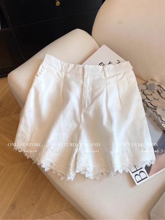 法式设计感刺绣蕾丝边拼接短裤女2025夏季气质百搭别致休闲阔腿裤