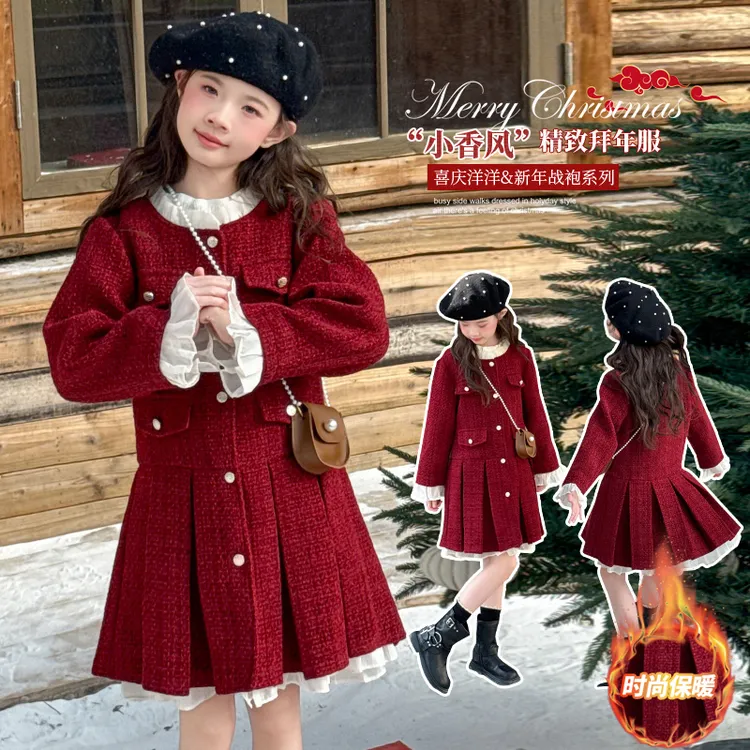 女童新年连衣裙加绒秋冬新款儿童冬装红色公主裙女孩洋气假两件